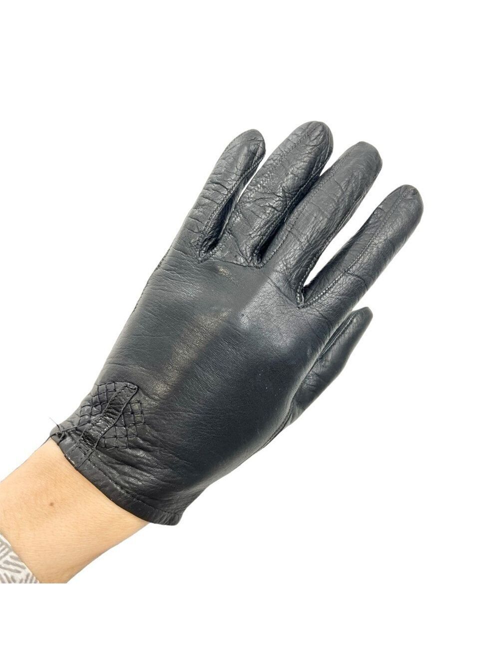 Vintage black leather geometric topstitch short driving gloves